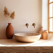 interior of a bathroom, boho chic style, Mediterranean, white and terracotta colors