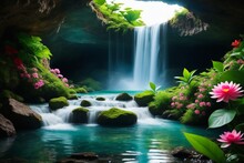 Waterfall View From A Cave With Flowers In Spring, Waterfall Background, Waterfall Wallpaper, Tropical Waterfall, Waterfall Wildlife