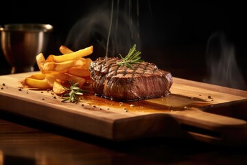 Wall Mural - Steak beef and french fries on a wooden board , smoke ,Generative AI.