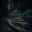 a haunted japanese forest with twsited tree roots covering tthe ground 200mm lens cinematograph 