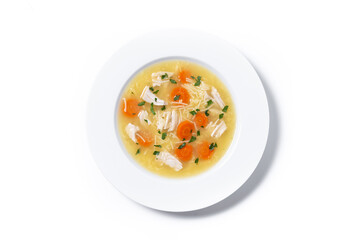 Wall Mural - Chicken soup with vegetables isolated on white background. Top view