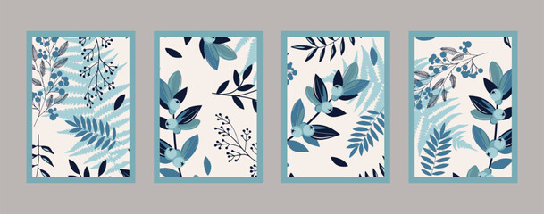 Wall Mural - Botanical wall art vector set with different blue leaves. Abstract plant art design for print, cover, wallpaper. Vector illustration.
