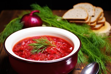 Wall Mural - a bowl of red borscht alongside fresh dill and bread