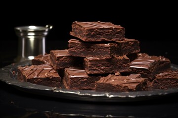 Wall Mural - stacks of double chocolate brownies on a black slate serving tray