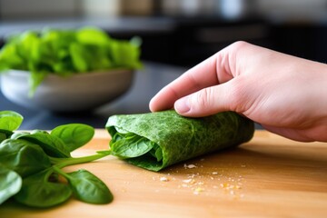 Wall Mural - hand wrapping a burrito with a spinach flour tortilla