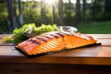 Wall Mural - freshly grilled salmon on cedar plank in natural light setting