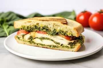 Sticker - chicken pesto sandwich on a white plate, no garnish