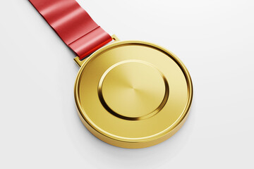 Poster - champion achievement award round circle shape gold medal medallion with necklace lanyard fabric strap realistic mockup in perspective view  isolated 3d rendering illustration