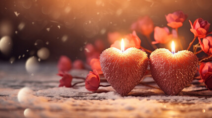 Wall Mural - heart shaped candle lit in the dark in snow