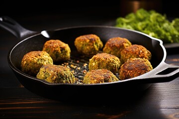 Poster - iron skillet with six falafel balls sizzling in vegetable oil