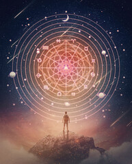 marvelous scene with a person on the top of a mountain watching the astrological wheel projection on