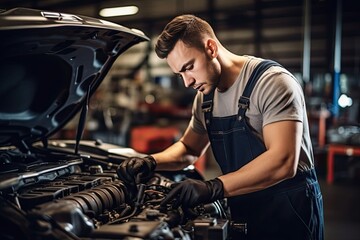 Car mechanic working in auto repair shop. Handsome young man in uniform working with car engine