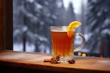 Canvas Print - steaming hot toddy sitting on a wooden table with a snow backdrop