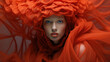 portrait mode d'un modèle avec une tenue excentrique orange rouge composée de chapeau et foulards
