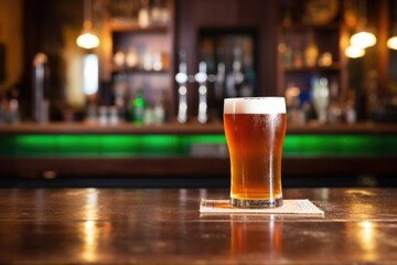 Canvas Print - ipa beer pint on a pub table with bar scene behind