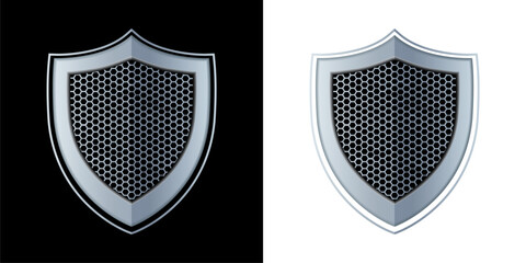 Metallic and Cybersecurity Shield. Designed in technological style metallic shield isolated on black and white background. Vector.