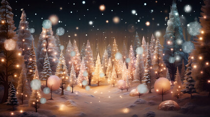 Wall Mural - magical snowy winter forest with christmas trees and snowflakes. 3d rendering