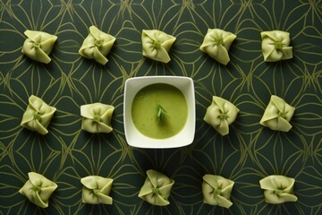 Sticker - tortellini pasta arranged in a symmetrical pattern on matcha green background