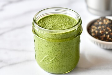 Wall Mural - mason jar full of green protein smoothie with chia seeds on top