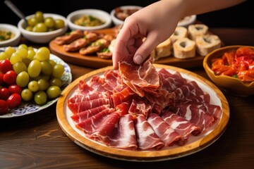 Wall Mural - hand arranging marinated meats on ceramic plate