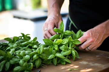 Canvas Print - hand picking fresh basil for meat marinade