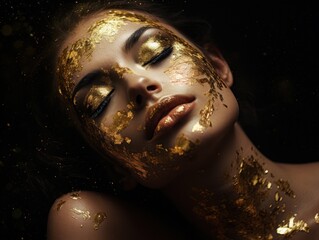 Wall Mural - Young beautiful girl in golden glitter makeup