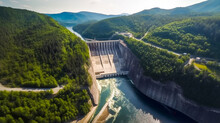 Hydroelectric Dam On A River In The Mountains, Aerial View
