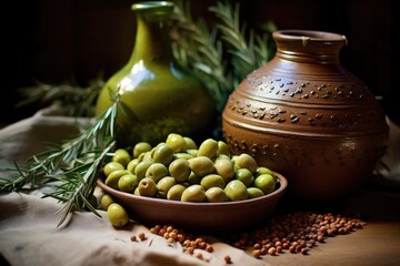 Wall Mural - green olives tumble out of a traditional clay jar