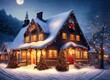 Wunderschönes Haus mit Weihnachtsbeleuchtung in einem kleinen romantischen verschneiten Dorf