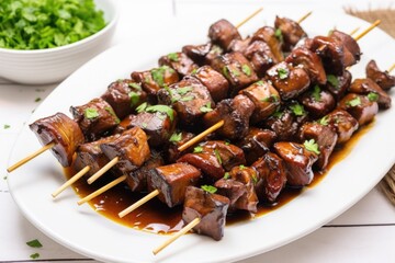 Poster - marinade-dripping mushroom skewers on a white platter