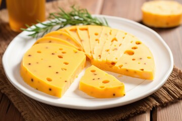 Poster - sliced smoked cheese with holes on a white plate