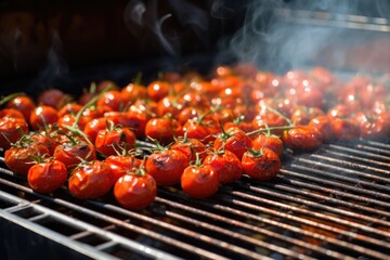 Canvas Print - thick smoke enveloping cherry tomatoes on the grill