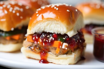 Poster - closeup shot of pork slider topped with red chili sauce in a brioche bun