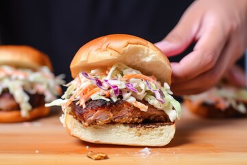 Wall Mural - hand piling coleslaw onto a spicy pork slider