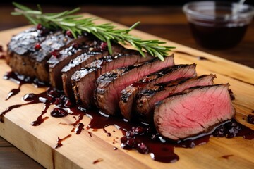 Wall Mural - thickly sliced steak on board with red wine reduction glaze