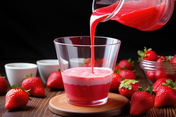 Wall Mural - pouring strawberry yogurt drink from a jug into a glass cup