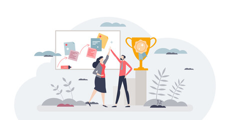 Achievement celebration for successful business goal tiny person concept, transparent background. Company employees motivation with award, evaluation and accomplishment trophy illustration.