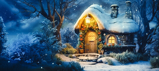 Wall Mural - A small fairy tale cottage in a winter snow covered forest, Christmas background with woodland house made by gnomes and trolls