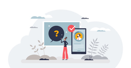 Quick queries and instant replies as fast response answer tiny person concept, transparent background. Dialogue with customer or client as effective support for successful feedback illustration.