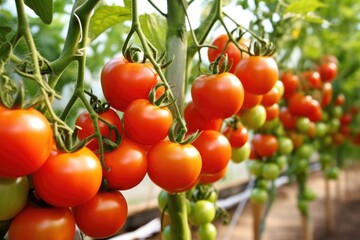 Canvas Print - fresh tomatoes hanging on a vine in a greenhouse