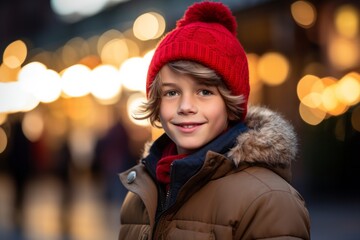Wall Mural - Portrait of a smiling boy in a hat and coat on the background of Christmas lights.