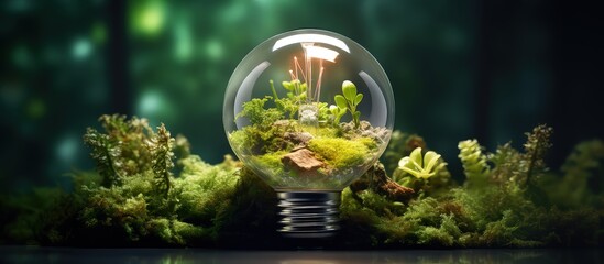 Poster - Sustainable and eco friendly energy symbols representing earth s energy concept in a green forest of moss grass and a lightbulb