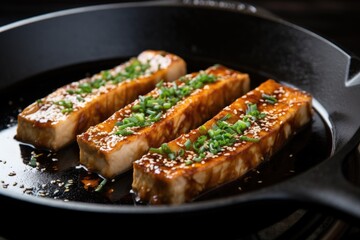 Sticker - tofu steaks in a cast iron pan, dripping in teriyaki