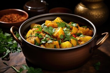 Canvas Print - vegan aloo gobi potato and cauliflower curry in a copper pot