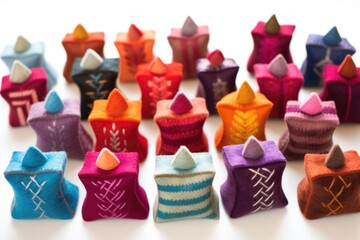 felt dreidels in a variety of colors and patterns