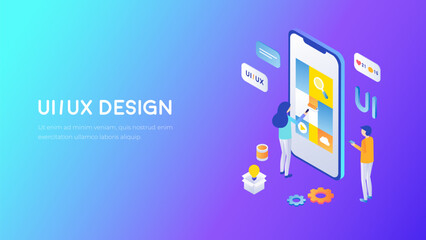 UX design future concept. App development technology vector. UI design isometry. Character with a smartphone creates a website.