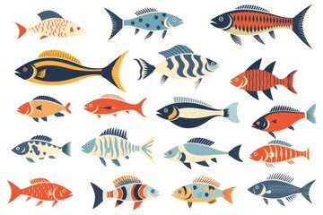 flat design vector fish icon set. popular fish species collection. fish set in flat design. vector i