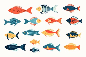 Flat design vector fish icon set. Popular fish species collection. Fish set in flat design. Vector illustration