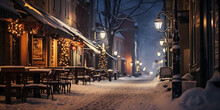 A City Street Covered With Snow At Christmas Night