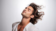 Cosmetic Advertising: Handsome Man with Wind-Blown Wavy Brown Hair